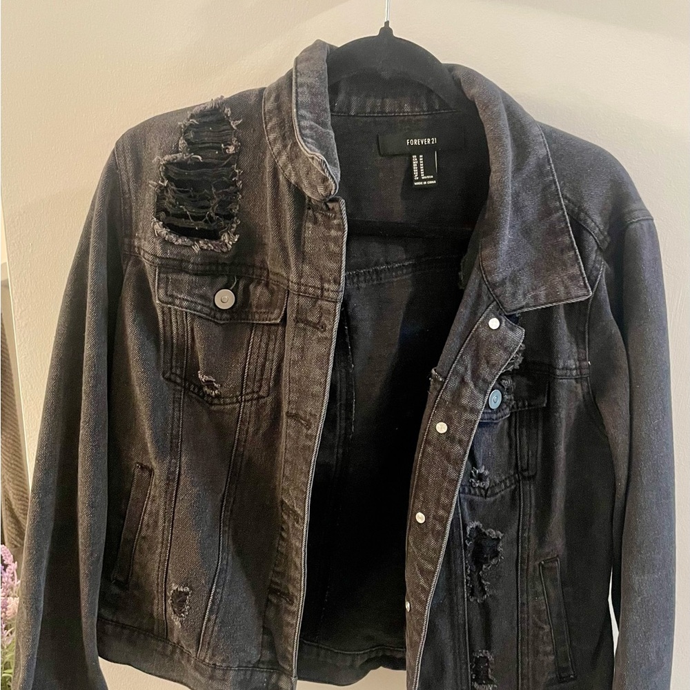 Forever 21 Charcoal Distressed Denim Jacket